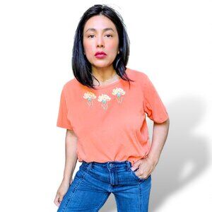 Bob Mackie vintage 90's orange multi floral embroidered carnations boxy t-shirt
